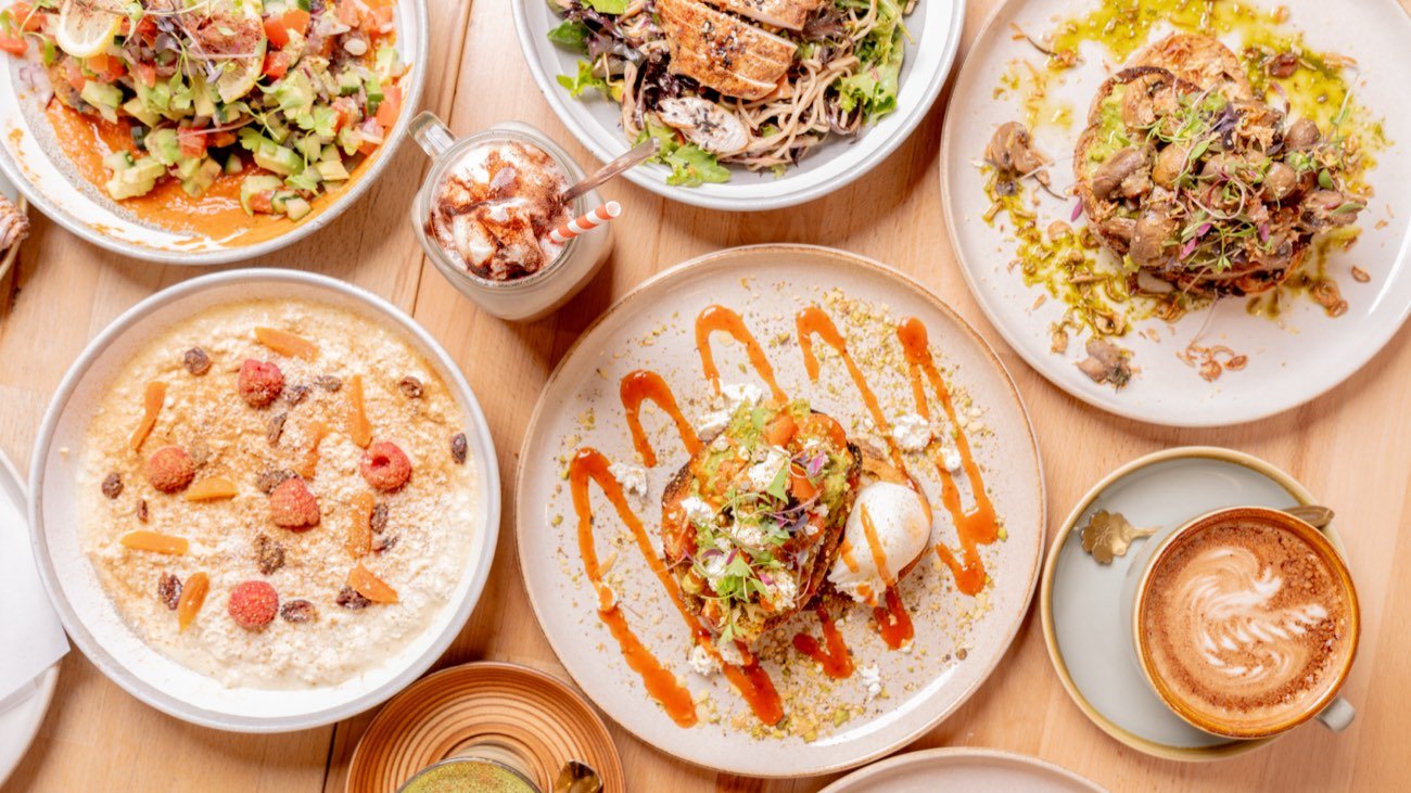 Overhead brunch spread