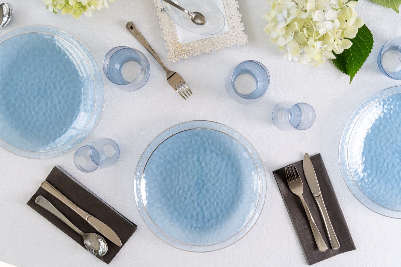 Styled blue tableware flatlay
