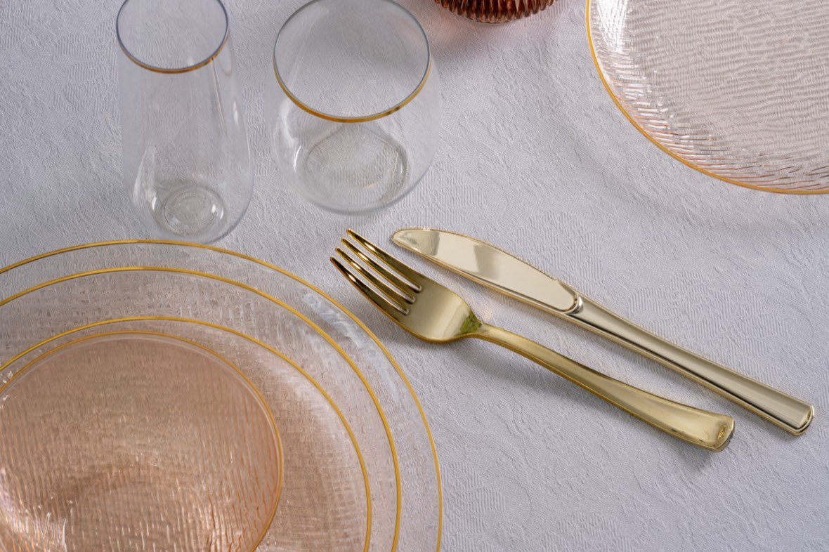 Styled blue tableware flatlay