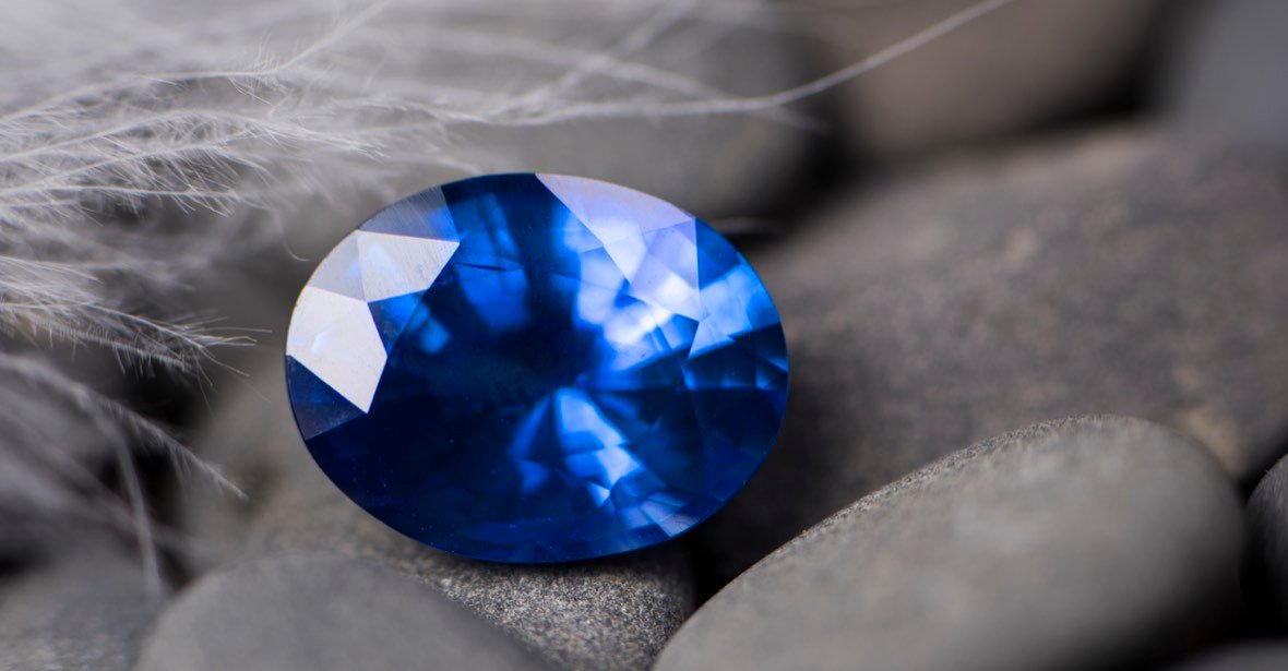 Macro photograph of a blue gemstone