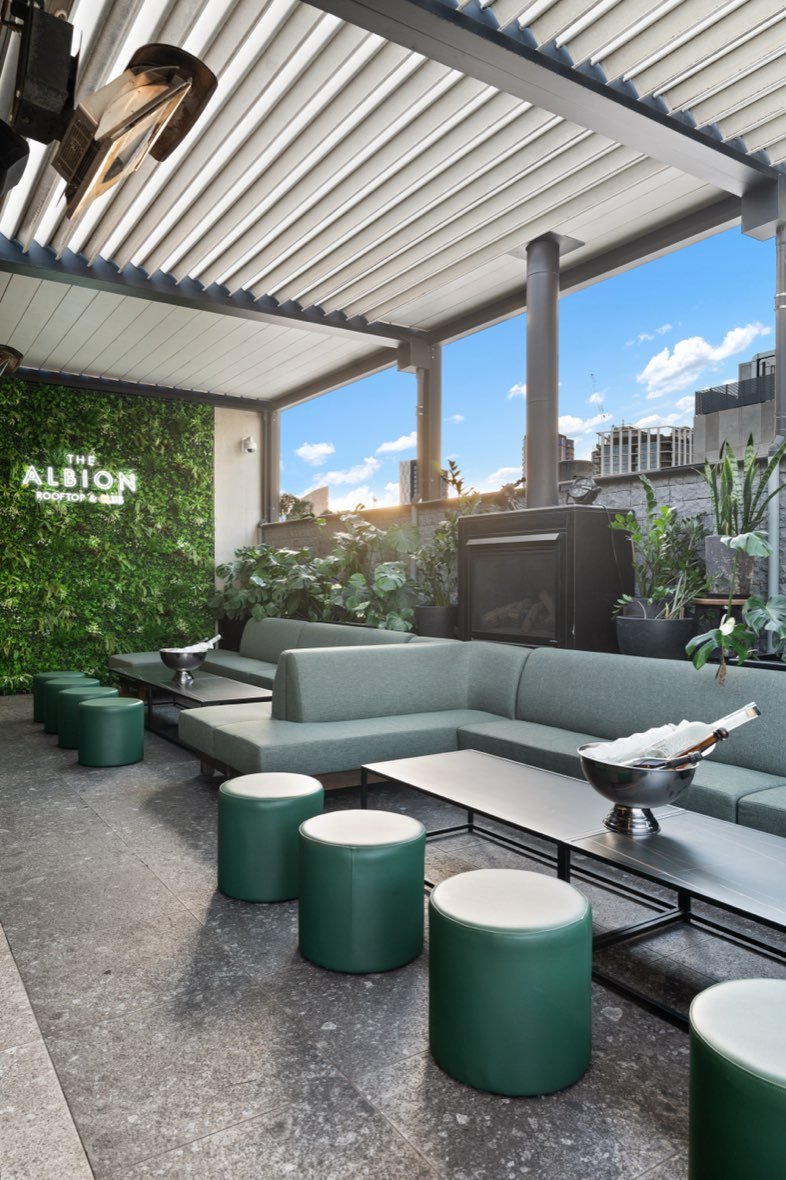 Rooftop terrace with city skyline view